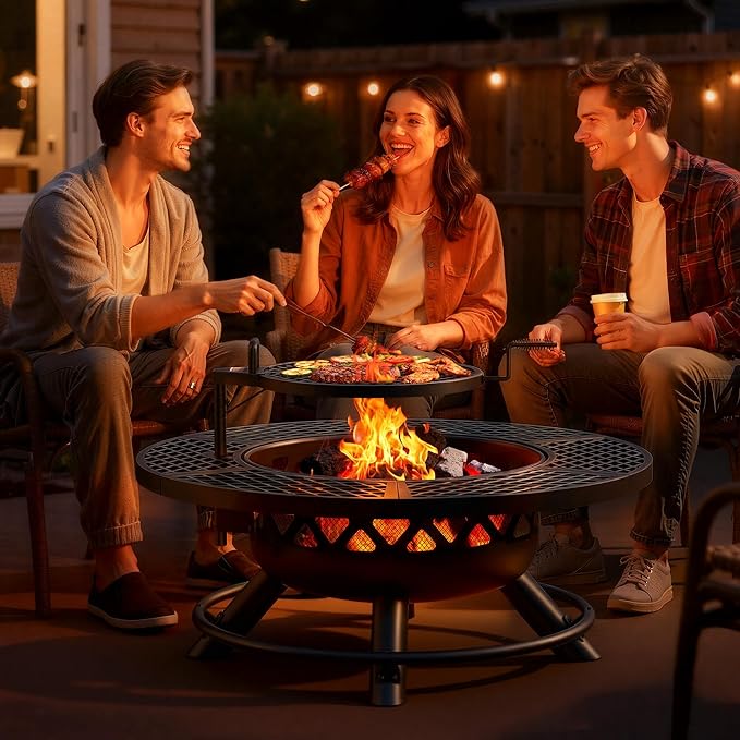 BALI OUTDOORS Fire Pit with Poker 40 inch Outdoor Fire Pit Patio Wood Burning Firepits for Outside with Grill