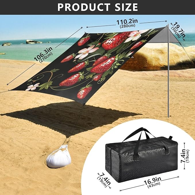 ALAZA Strawberry Flower Floral Beach Tent Sun Shelter UPF50+ Protection Beach Shade Canopy w/ 4 Sandbags for Outdoor Camping Fishing Backyard Fun Picnic 10x9 ft