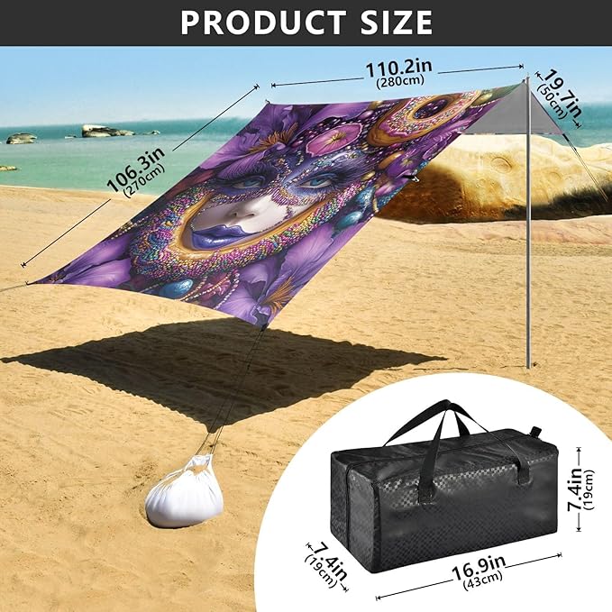 Irises Beads Mask Doughnut Hat Mardi Gras Foldable Beach Canopy UPF50+ Protection Waterproof Portable Sun Shelter with Sand Pockets for Family Trips Picnics &amp Camping
