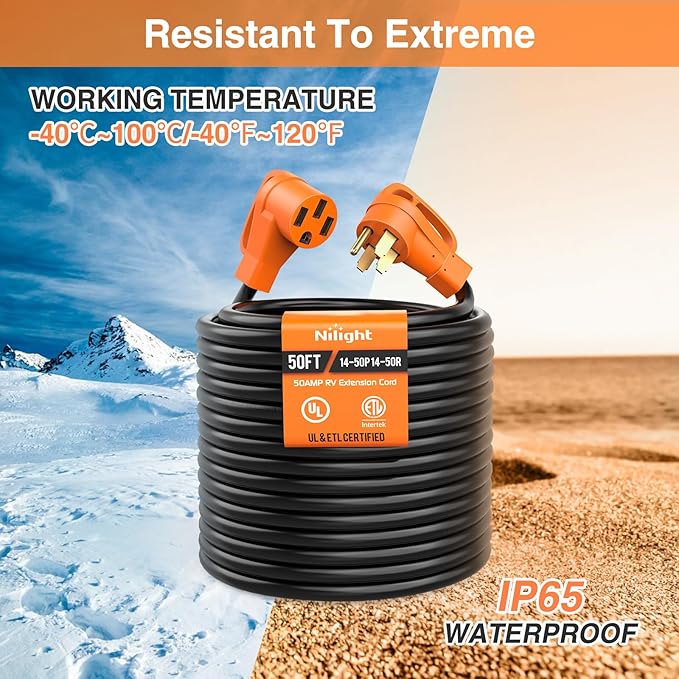 Nilight 50FT 50 Amp RV Extension Cord with Adapter 15Amp to 50Amp 250V Heavy Duty 6/3+8/1 Gauge Pure Copper STW Wire UL ETL Listed 4 Prong 14-50P 14-50R Weatherproof Suit for Generators Camper