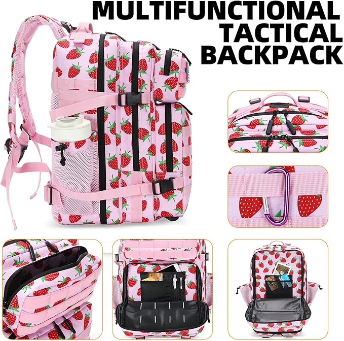 Lovelinks21 25L Tactical Military Backpack Small Travel Rucksack for Men and Women Assault Pack Bug Out Bag Molle Daypack Gym Backpack with Bottle Holder (Strawberry)