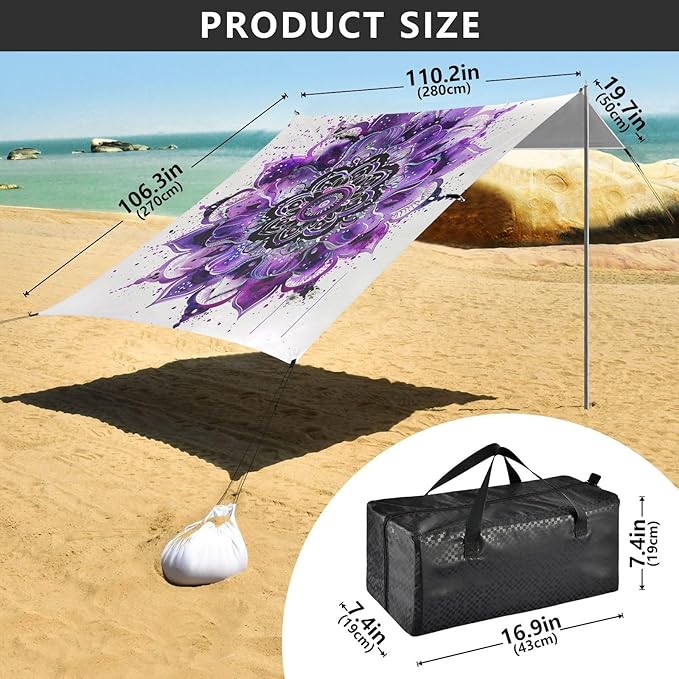 ALAZA Purple Mandala Watercolor Beach Tent Sun Shelter UPF50+ Protection Beach Shade Canopy w/ 4 Sandbags for Outdoor Camping Fishing Backyard Fun Picnic 10x9 ft