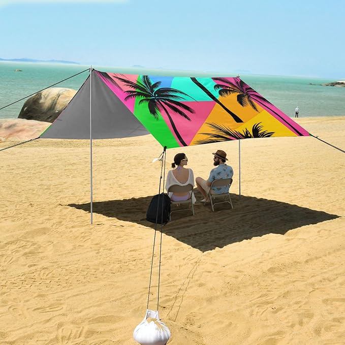 Beach Canopy with Windproof Ropes &amp Sandbags Beach Tent Sun Shade Sun Shelter for Camping Trips Fishing Backyard Fun or Picnics Palm Tree