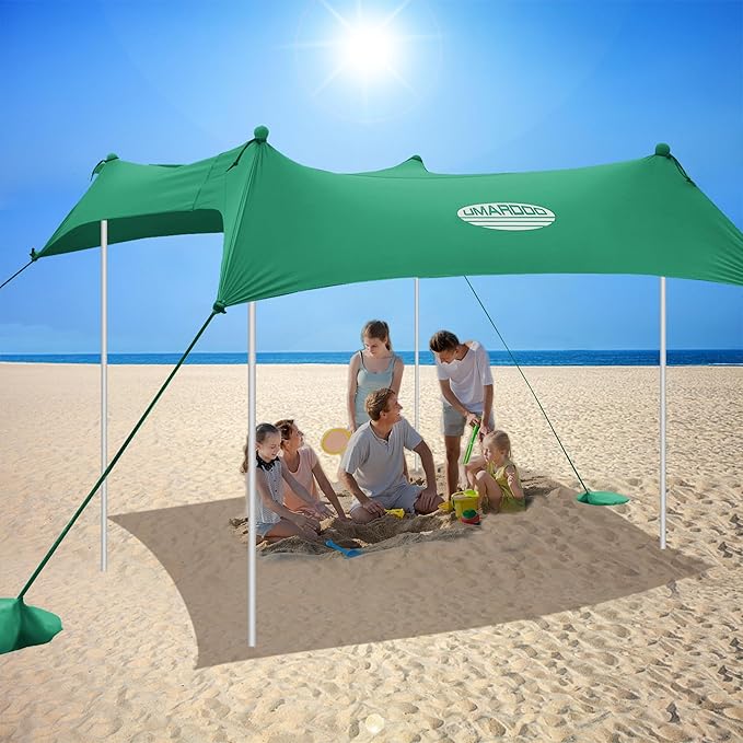 UMARDOO Family Beach Tent Canopy Sun Shade Portable Large Compact Beach Sun Shelter Easy Setup with Packable Bag for Outdoor Travel (Green 10X10 FT. 4Poles)