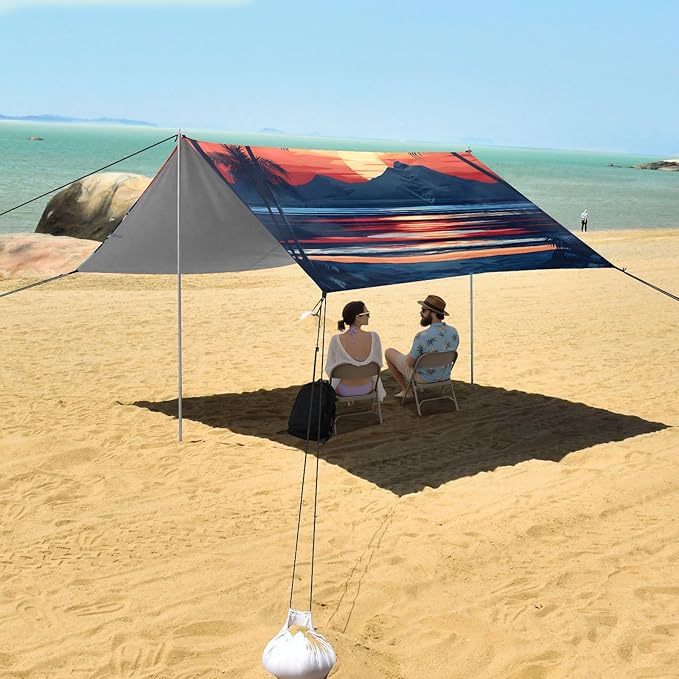 ALAZA Palm Sunset Seaside Beach Tent Sun Shelter UPF50+ Protection Beach Shade Canopy w/ 4 Sandbags for Outdoor Camping Fishing Backyard Fun Picnic 10x9 ft