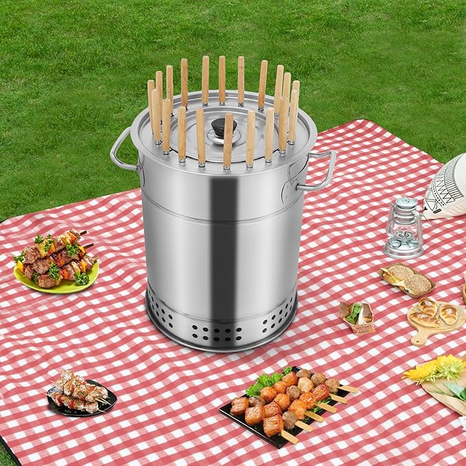 Large Portable Charcoal Grills 2 in 1 Vertical Smoker 360° Smokeless Stainless Steel BBQ Grill Barrel for Outdoor Barbecue Camping And Backyard Cooking (Mini-20 Skewers)