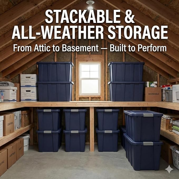 30 Gallon Heavy-Duty Storage Tote with Locking Lid | Rugged Plastic Storage Bin for Garage Basement &amp Attic Organization | Extra-Large 30 Gal Capacity Stackable Design - Dark Blue