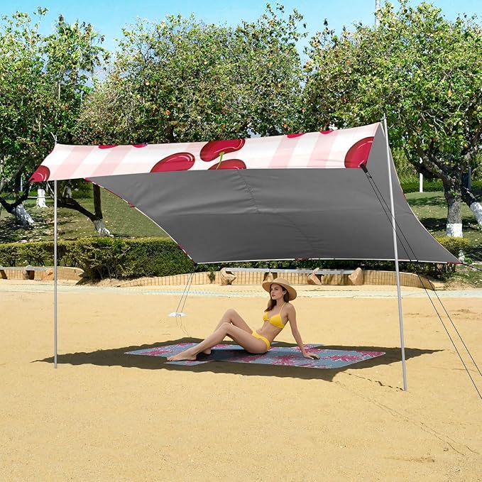 Beach Canopy with Windproof Ropes &amp Sandbags Beach Tent Sun Shade Sun Shelter for Camping Trips Fishing Backyard Fun or Picnics Cherry