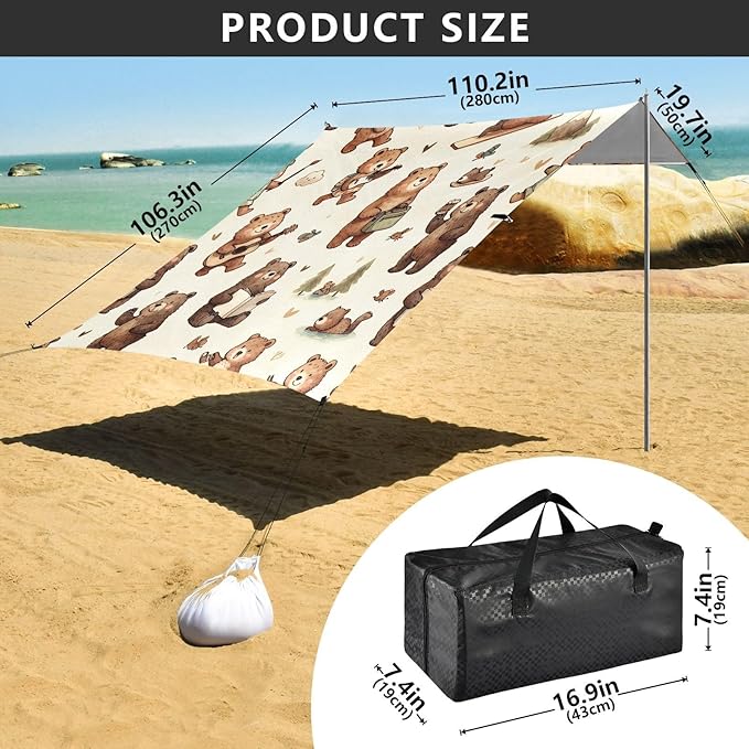 Brown Bears Daily Life Beach Tent Sun Shelter Set UPF50+ UV Protection 10.5 x 9.19 FT Camping Shade Canopy with Sandbags Sand Anchors Carrying Bag and Others