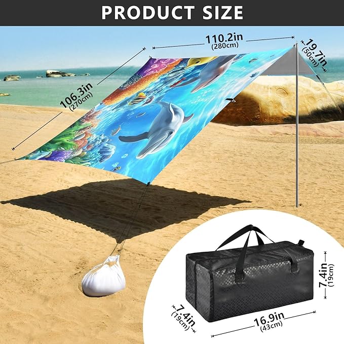 ALAZA Dolphin Turtle in The Ocean Beach Tent Sun Shelter UPF50+ Protection Beach Shade Canopy w/ 4 Sandbags for Outdoor Camping Fishing Backyard Fun Picnic 10x9 ft