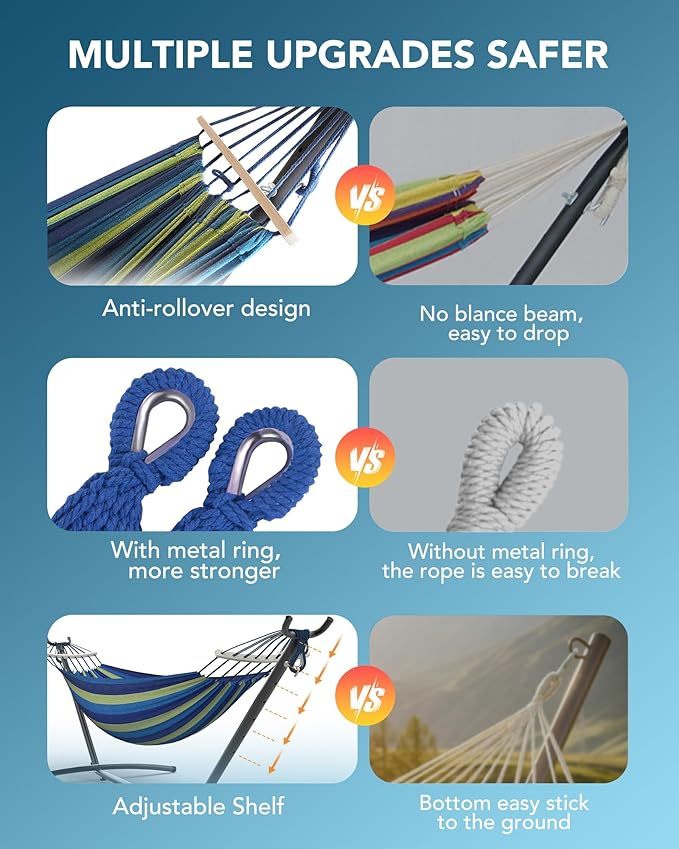 Everyfun Double Hammock with Space-Saving Steel Stand 2 Person Heavy-Duty Hammock for Garden Yard or Outdoor 600lbs Capacity Wide Blue