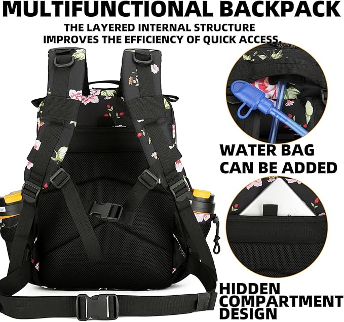 Lovelinks21 25L Tactical Military Backpack Small Travel Rucksack for Men and Women Assault Pack Bug Out Bag Molle Daypack Gym Backpack with Bottle Holder (Peony)