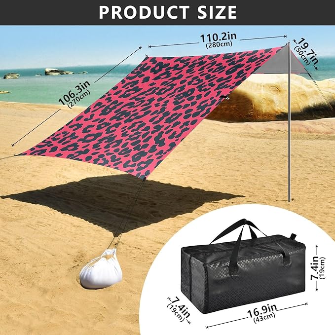 ALAZA Pink Leopard Print Cheetah Beach Tent Sun Shelter UPF50+ Protection Beach Shade Canopy w/ 4 Sandbags for Outdoor Camping Fishing Backyard Fun Picnic 10x9 ft