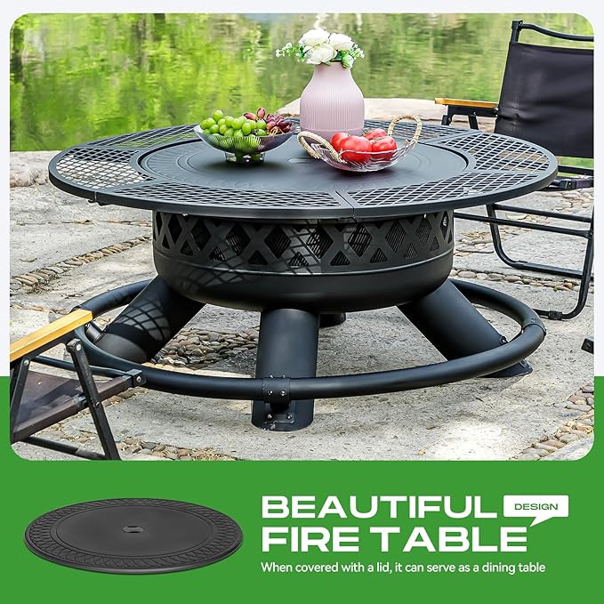 Panovue 47 Inch Outdoor Wood Burning Fire Pit with 2 GrillsExtra Large 3-in-1 Fire Pit with Metal Lid &amp Fire Poker Heavy Duty BBQ Firepits for Outside Backyard Bonfire Patio &amp Party (47''