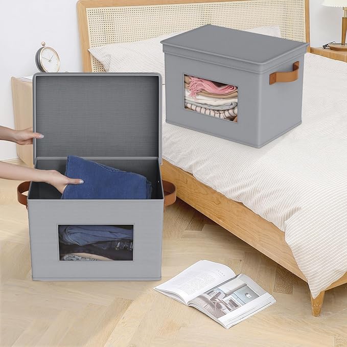 Univivi Storage Bins with Lids Collapsible Foldable Closet Storage Boxes for Clothes [3-Pack] Containers boxes with Handles Closet Storage for Home Office Bedroom (Grey17 x 12x 12)