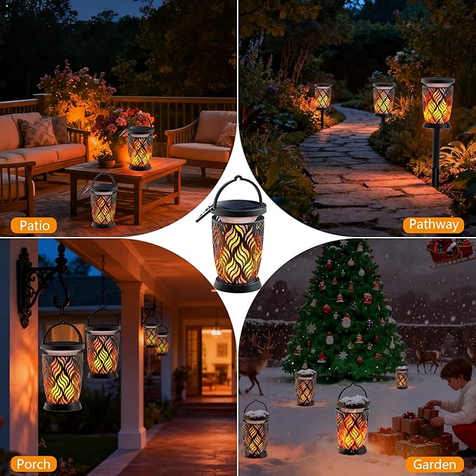 Solar Lanterns Outdoor Waterproof 2 Pack Flickering Solar Flame Lights Upgraded Hanging Flame Lantern Pathway Torch Light Table Lamp Auto On/ Off Porch Yard Gifts (1 Lighting Mode)