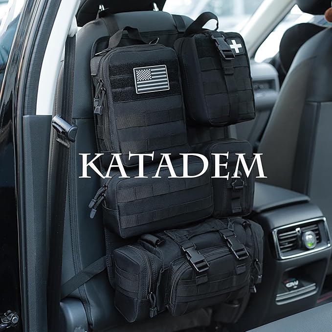 6 Pack Tactical Molle Car Seat Back Organizer - Tactical Vehicle Panel Organizer with 5 Detachable Molle PouchUS Flag Patch and KeychainGreat Trunk Accessories for Man