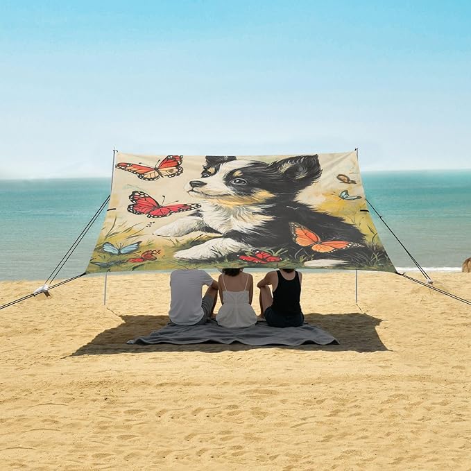 ALAZA Puppy Dog Play with Butterflies Beach Tent Sun Shelter Portable Canopy Sunshade for Outdoor Camping Picnics Backyard Fun 10x9 ft