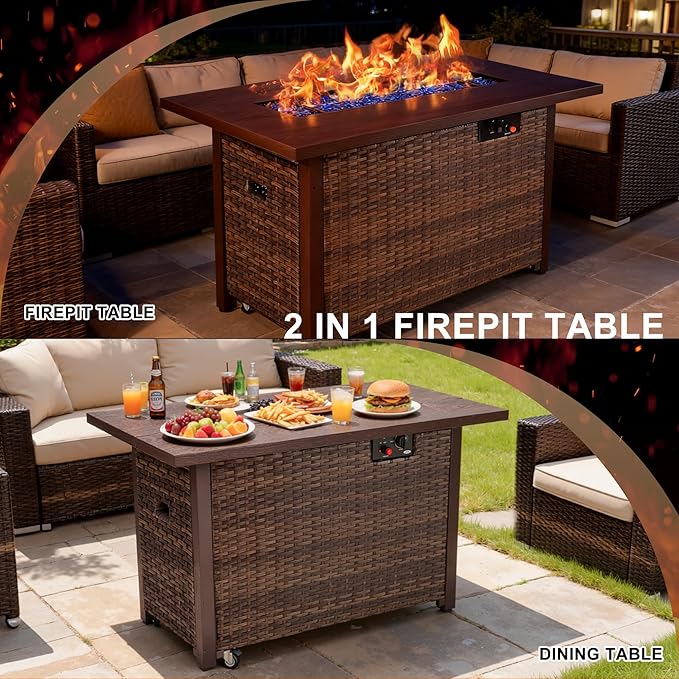 42 Inch Propane Fire Pit Table 50000 BTU Outdoor Gas Fire Pits with Removable Lid 2 in 1 Rectangular Firepit Table for Outside Patio Deck and Garden