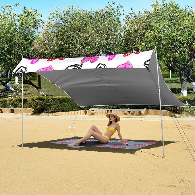 Beach Canopy with Windproof Ropes &amp Sandbags Beach Tent Sun Shade Sun Shelter for Camping Trips Fishing Backyard Fun or Picnics Heart