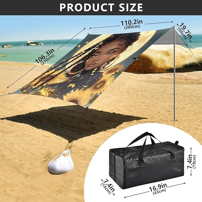 ALAZA African Woman Sunflower Beach Tent Sun Shelter Portable Canopy Sunshade for Outdoor Camping Picnics Backyard Fun 10x9 ft