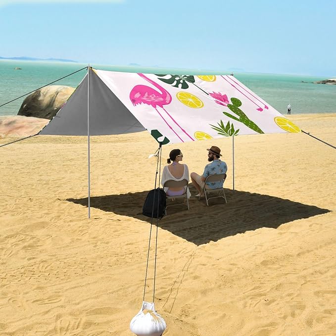 Beach Canopy with Windproof Ropes &amp Sandbags Beach Tent Sun Shade Sun Shelter for Camping Trips Fishing Backyard Fun or Picnics Flamingos