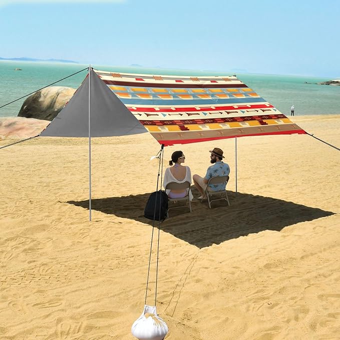 xigua Boho Tribal Aztec Beach Tent Sun Shelter with Carrying Bag - Silver Coated Oxford Fabric Beach Canopy for Beach Camping Fishing - Includes Windproof Ropes Sandbags &amp Stakes