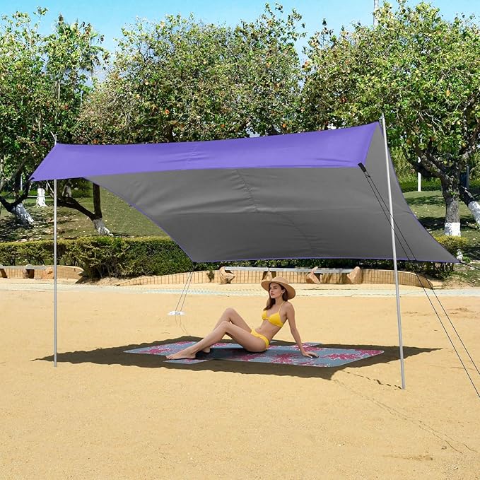 Slate Blue Purple Beach Cabana UPF50+ Protection Easy Setup Large Portable Sun Shelter with Sandbags Sand Shovel Poles for Camping Picnics Backyard