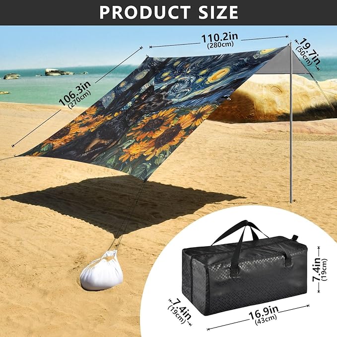 ALAZA Dogs Sunflowers Beach Tent Sun Shelter UPF50+ Protection Beach Shade Canopy w/ 4 Sandbags for Outdoor Camping Fishing Backyard Fun Picnic 10x9 ft