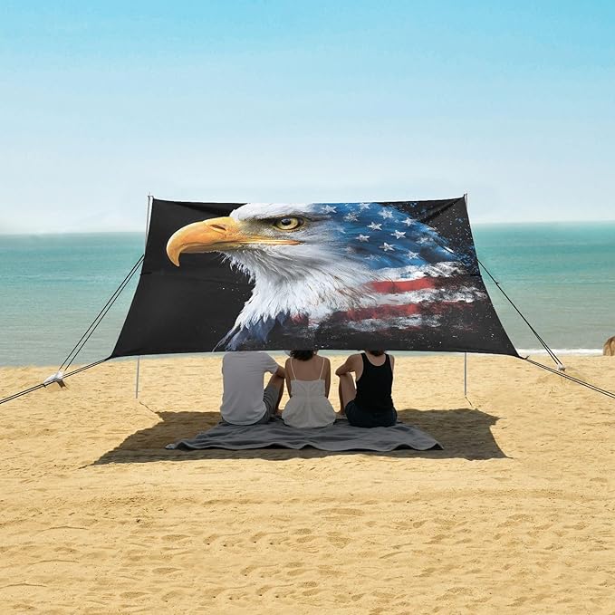 ALAZA Eagle American Flag Beach Tent Sun Shelter UPF50+ Protection Beach Shade Canopy w/ 4 Sandbags for Outdoor Camping Fishing Backyard Fun Picnic 10x9 ft