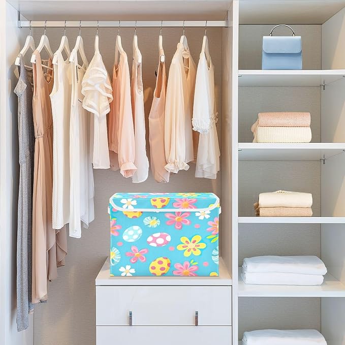 Christmas Storage Baskets with Lids Cute Flowers and Eggs Collapsible Bins Stackable Fabric Linen Baskets Closet Organizer Container 16.5x12.6x11.8