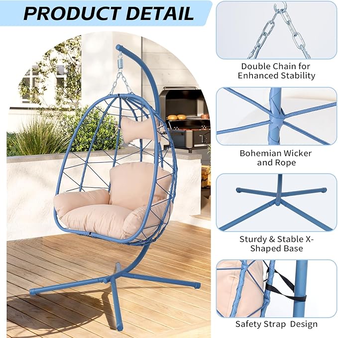 Hanging Egg Chair with Stand Outdoor Indoor Patio Rattan Swing Hammock Chairs with Washable Cushion PE Wicker Swing Chair for Backyard Bedroom Garden (Blue + Beige Cushion No Footrest)