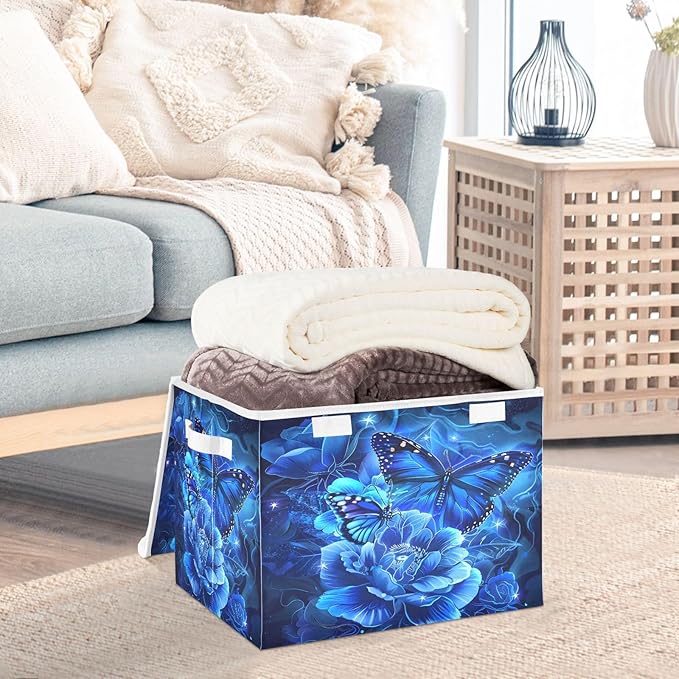 MNSRUU Containers Baskets with Lids Blue Rose Butterfly Fabric Foldable Storage Bins Organizer with Lid Collapsible Storage Boxes for Home Bedroom Closet Office