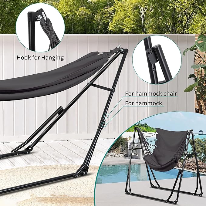 Ainfox Hammock with Foldable Stand 2 in 1 Hammock and Swinging Chair with Carrying Bag Portable Camping Chair Suitable for Outside SwingPatioGardenCamping Trip Grey