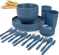 Wrova Wheat straw plates and bowls sets with cutlery - Unbreakable wheat straw dinnerware sets - Dishwasher safe platesbowlscups for apartment.Blue