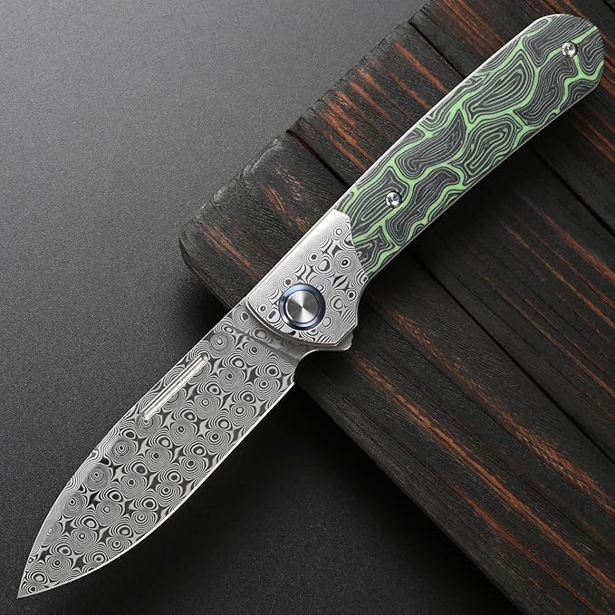 Sitivien ST256 Damascus Steel Folding KnifeDamascus Blade with Colorful G10 Handle EDC Knife for Outdoor CampingHiking Fishing(Green) … …