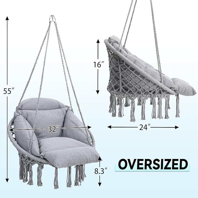 Macrame Hammock Hanging Swinging Chair with Oversized Cushion Perfect for Bedroom Porch Kids Adults Balcony Grey