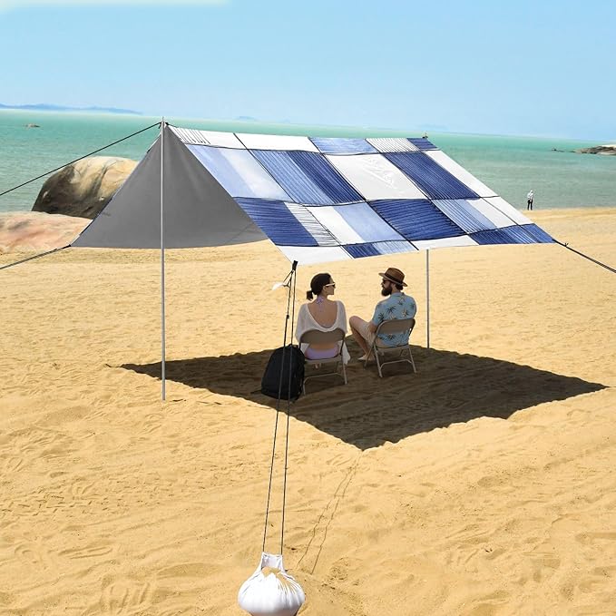 Cornflowerblue Checked Hand-Drawn Sketch Stable Beach Tent UPF50 Lightweight Portable Sun Shelter with Sandbags Sand Shovel Poles for Backyard and Camping
