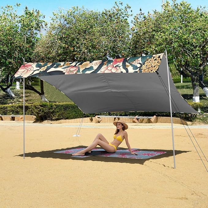Black Cat and Japanese Flowers Beach Tent Sun Shelter Set UPF50+ UV Protection 10.5 x 9.19 FT Camping Shade Canopy with Sandbags Sand Anchors Carrying Bag and Others