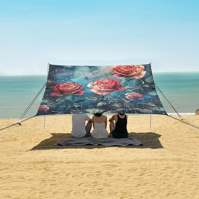 ALAZA Rose Flowers Stylization Watercolor Space Beach Tent Sun Shelter Portable Canopy Sunshade for Outdoor Camping Picnics Backyard Fun 10x9 ft