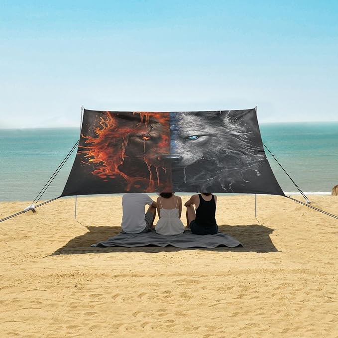 ALAZA Fire Water Wolf on Black Beach Tent Sun Shelter Portable Canopy Sunshade for Outdoor Camping Picnics Backyard Fun 10x9 ft