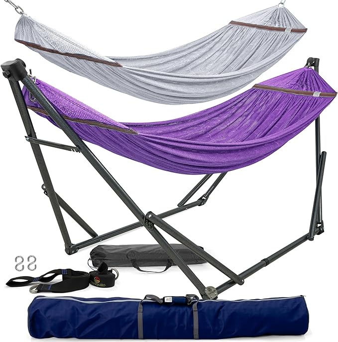 Tranquillo Combo x2 Hammocks with Stand for Outside &amp Tree Straps Heavy Duty Hammock with Stand 600lbs for Indoor Outdoor Patio Backyard x2 Hammocks for 2 Person (Combo - Purple Medium)
