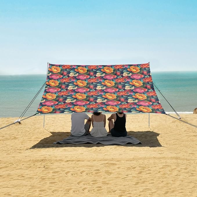 ALAZA Colorful Peony Floral Beach Tent Sun Shelter UPF50+ Protection Beach Shade Canopy w/ 4 Sandbags for Outdoor Camping Fishing Backyard Fun Picnic 10x9 ft