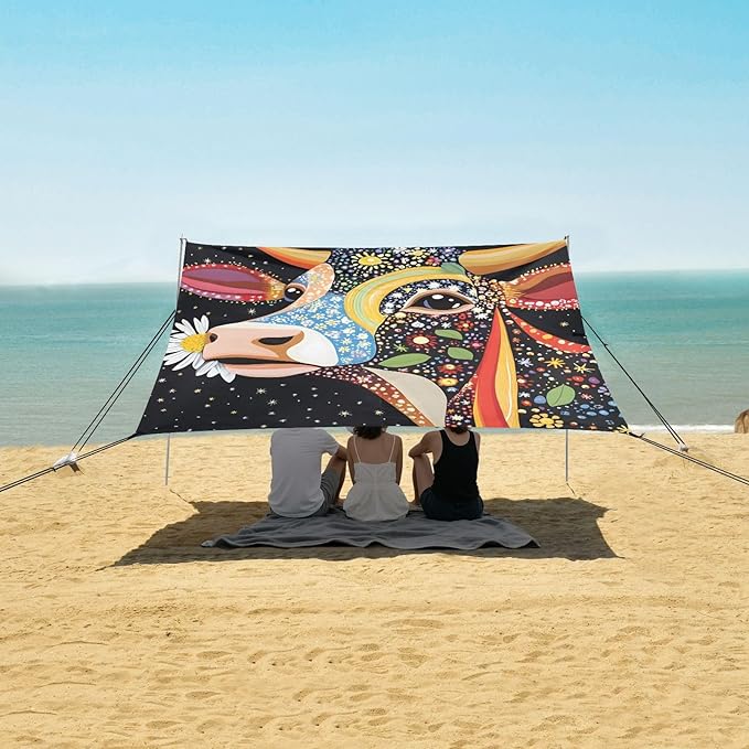 ALAZA Beautiful Cow Daisy Beach Tent Sun Shelter Portable Canopy Sunshade for Outdoor Camping Picnics Backyard Fun 10x9 ft