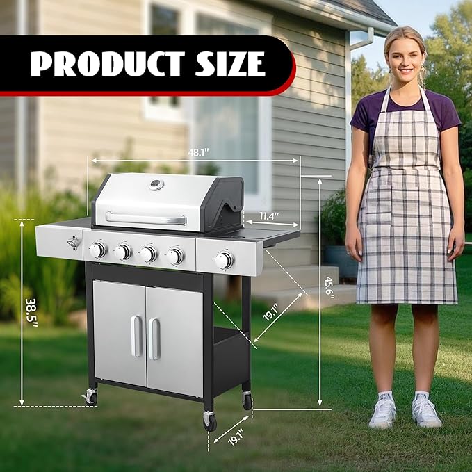 4-Burner Propane Gas Grill with Side Burner 46000 BTU Outdoor BBQ Grill with Porcelain-Enameled Cast Iron Grates and Griddle Pan Built-in Thermometer Stainless Steel Grill for Outdoor Cooking