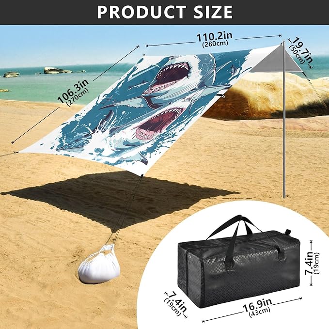 ALAZA Cruel Shark Beach Tent Sun Shelter UPF50+ Protection Beach Shade Canopy w/ 4 Sandbags for Outdoor Camping Fishing Backyard Fun Picnic 10x9 ft
