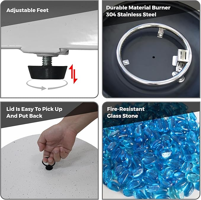30' Outdoor Fire Pit Table with 50000 BTU Output Premium Gas Fire Pit Tables for Outside Patio Round Propane Fire Pit with Glass Stones Waterproof Cover (White 30 inch)