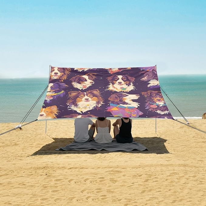 Cute Sheepdog Dogs Beach Tent UPF50+ Lightweight Sun Shelter Includes Sand Shovel Sandbags Stability Poles for Camping Fishing Backyard Fun