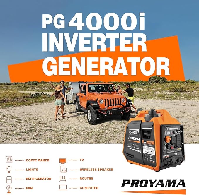 PROYAMA 4000W Portable Gas Inverter Generator CO Sensor Digital Interface RV - Ready LED Light ECO - Mode Parallel Capable Low Oil Shutoff Super Quiet and Lightweight with Weatherproof Cover