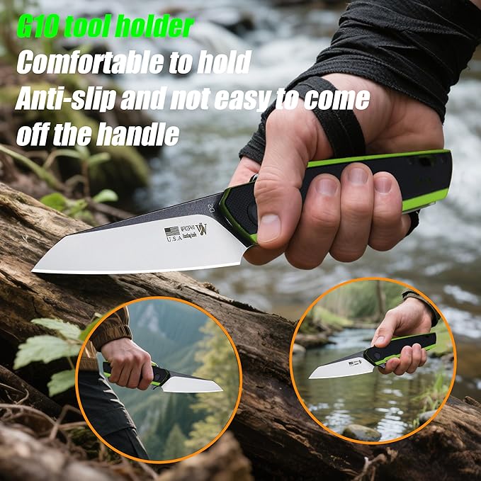 WPKOPYA 7.8in Folding Pocket Knife with D2 Steel Blade G10 Handle Ball Bearing Pivot Stonewashed Finish – Outdoor EDC Utility Tool for Camping Hiking Survival Use(G10 - Black/Green)
